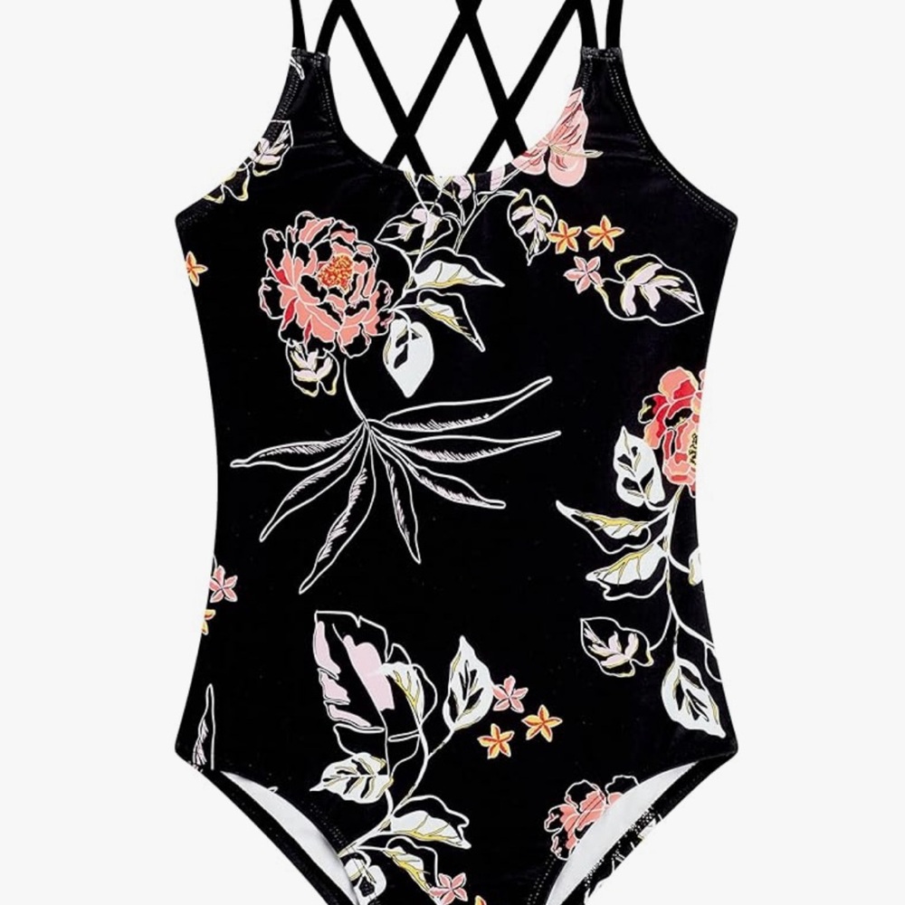 NWT Kanu surf girls Floral Black cross cross Reese UPF 50 Swimwear bathing su